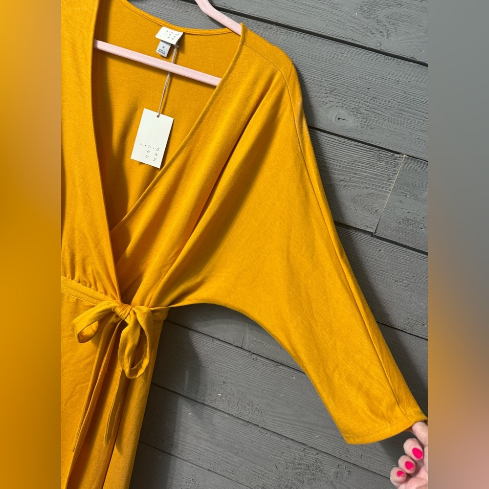NWT A.N.D. EAWY Mustard Yellow Asymmetrical Wrap Dress Sz M Spring Summer Party - Picture 3 of 15